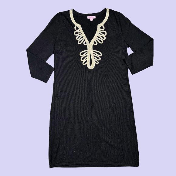 Lilly Pulitzer Delvin Sweater Shift Dress Black Metallic Gold Women's Medium - Picture 1 of 7